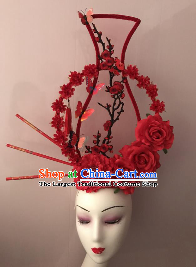 Chinese Traditional Stage Court Red Vase Top Hat Cheongsam Catwalks Giant Headdress Handmade Fashion Show Flowers Hair Crown