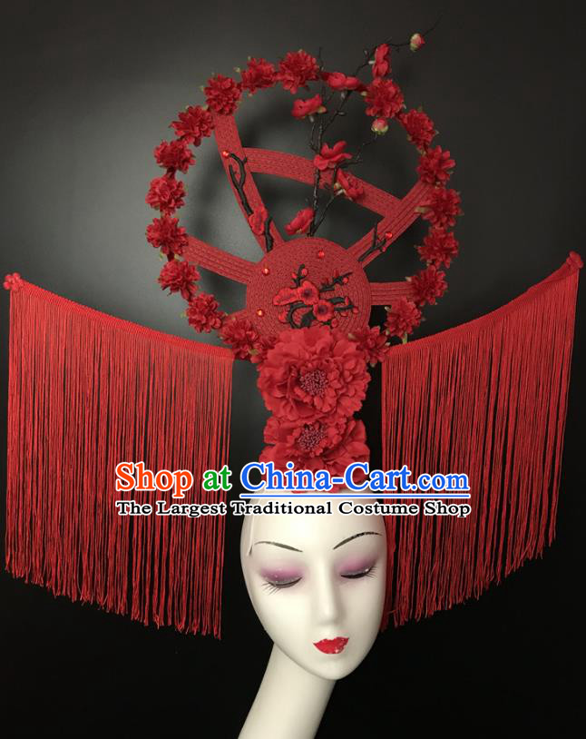 Chinese Handmade Fashion Show Flowers Hair Crown Traditional Stage Court Deluxe Tassel Top Hat Cheongsam Catwalks Giant Headdress