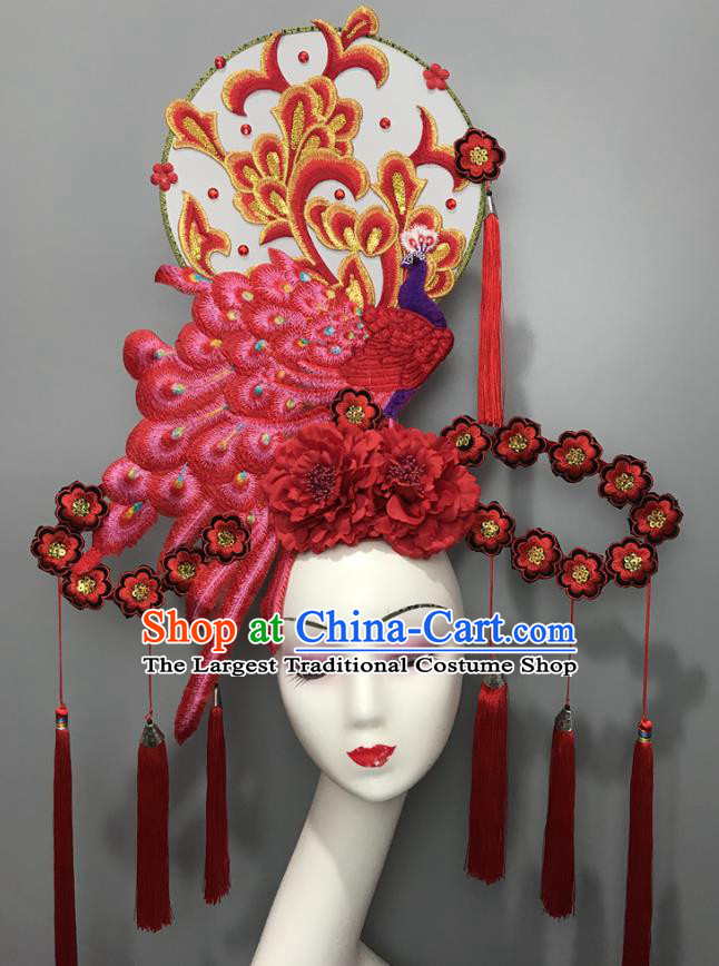 Chinese Cheongsam Catwalks Giant Headdress Handmade Fashion Show Red Peacock Hair Crown Traditional Stage Court Deluxe Top Hat