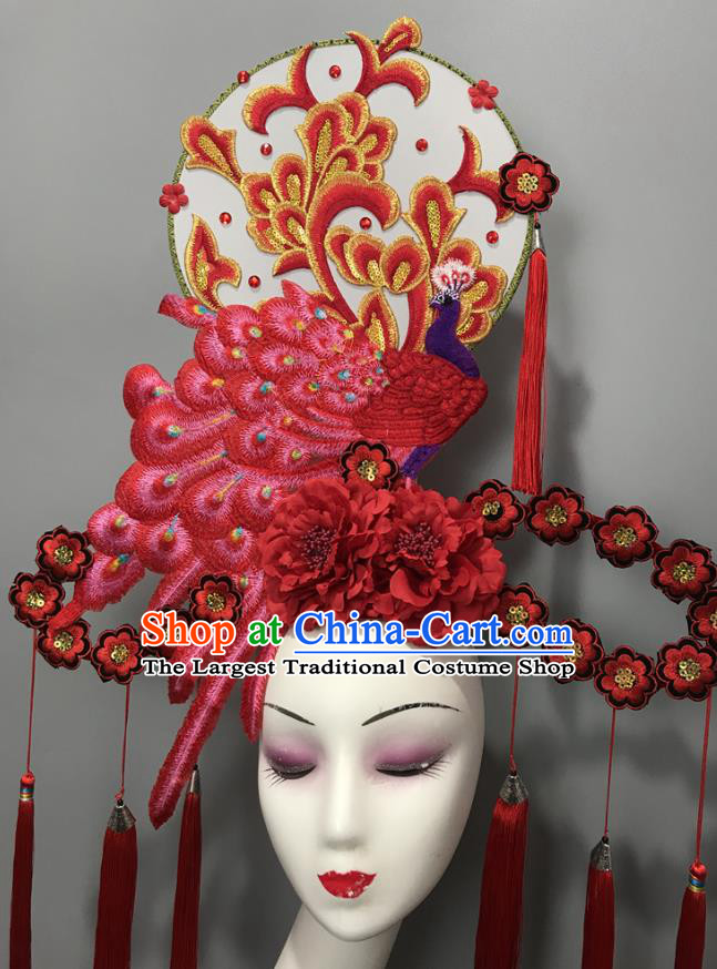 Chinese Cheongsam Catwalks Giant Headdress Handmade Fashion Show Red Peacock Hair Crown Traditional Stage Court Deluxe Top Hat