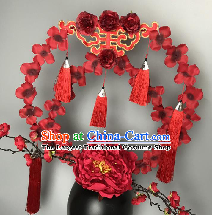 Chinese Traditional Stage Court Deluxe Top Hat Cheongsam Catwalks Giant Headdress Handmade Fashion Show Red Peony Hair Crown