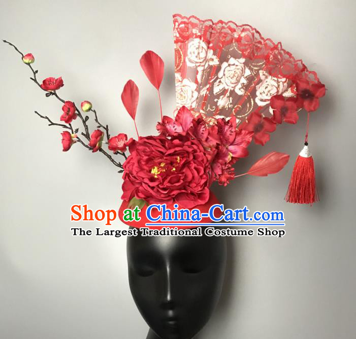 Chinese Handmade Fashion Show Lace Fan Hair Crown Traditional Stage Court Red Peony Top Hat Cheongsam Catwalks Giant Headdress