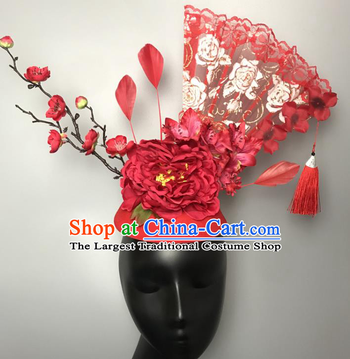 Chinese Handmade Fashion Show Lace Fan Hair Crown Traditional Stage Court Red Peony Top Hat Cheongsam Catwalks Giant Headdress