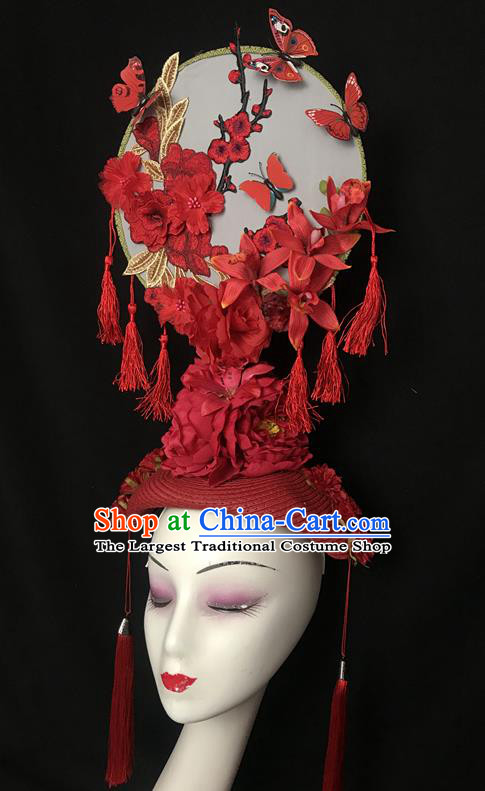 Chinese Cheongsam Catwalks Fashion Giant Headdress Handmade Stage Show Tassel Hair Crown Traditional Court Embroidered Top Hat