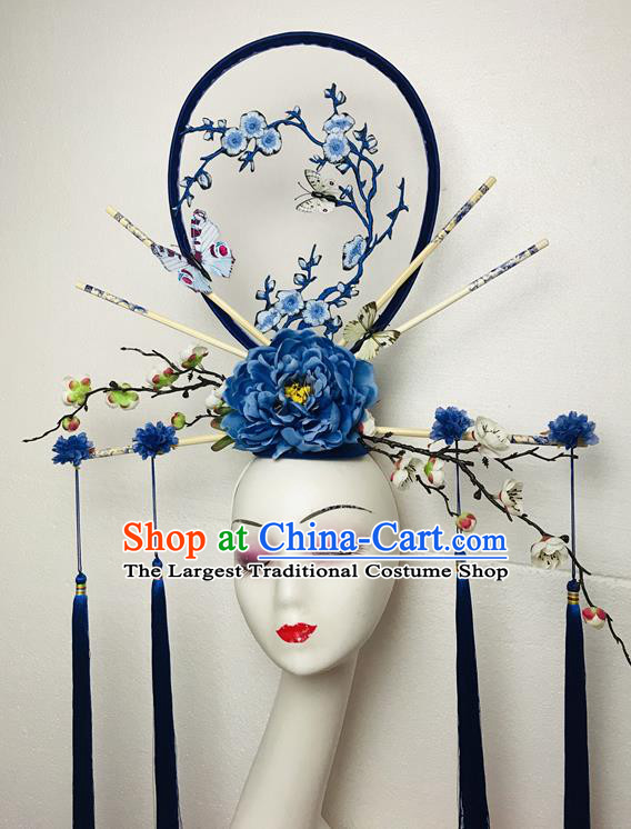 Chinese Traditional Court Embroidered Fan Top Hat Cheongsam Catwalks Fashion Giant Headdress Handmade Stage Show Blue Peony Hair Crown