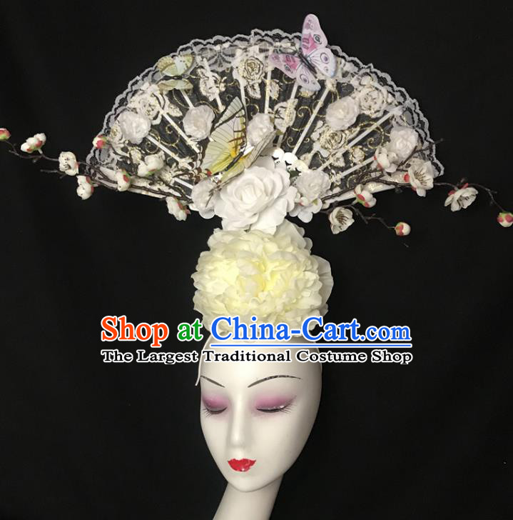 Chinese Handmade Stage Show Beige Peony Hair Crown Traditional Court Lace Fan Top Hat Cheongsam Catwalks Fashion Giant Headdress