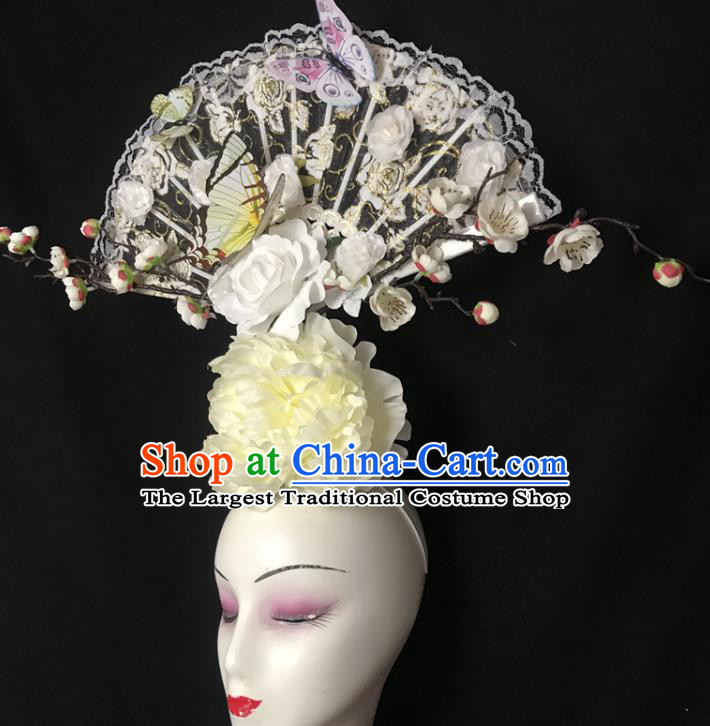Chinese Cheongsam Catwalks Fashion Giant Headdress Handmade Stage Show Beige Peony Hair Crown Traditional Court Lace Fan Hair Clasp