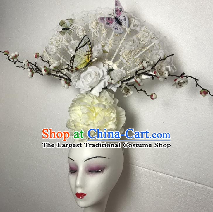 Chinese Cheongsam Catwalks Fashion Giant Headdress Handmade Stage Show Beige Peony Hair Crown Traditional Court Lace Fan Hair Clasp