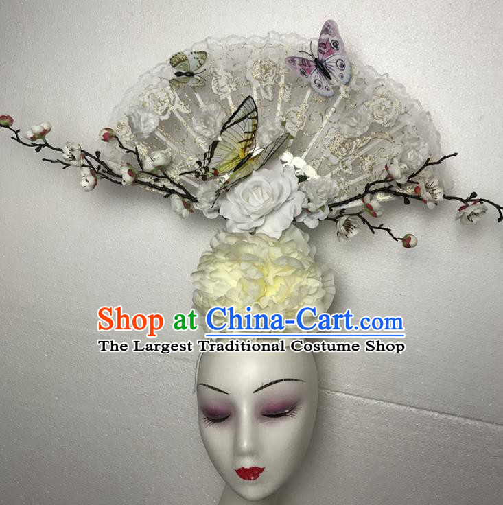 Chinese Cheongsam Catwalks Fashion Giant Headdress Handmade Stage Show Beige Peony Hair Crown Traditional Court Lace Fan Hair Clasp