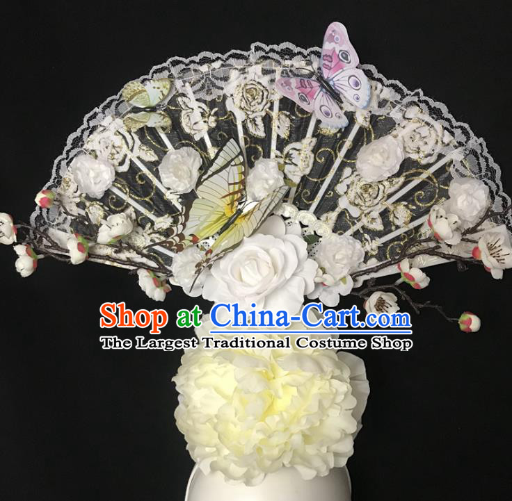 Chinese Cheongsam Catwalks Fashion Giant Headdress Handmade Stage Show Beige Peony Hair Crown Traditional Court Lace Fan Hair Clasp