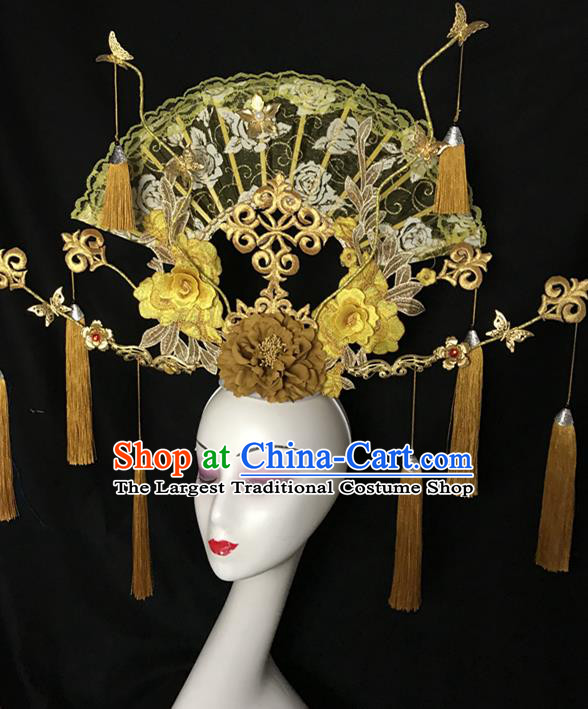 Chinese Traditional Court Yellow Lace Fan Hair Clasp Cheongsam Catwalks Giant Fashion Headdress Handmade Stage Show Tassel Hair Crown