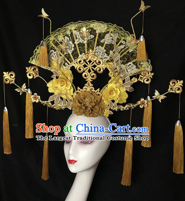 Chinese Traditional Court Yellow Lace Fan Hair Clasp Cheongsam Catwalks Giant Fashion Headdress Handmade Stage Show Tassel Hair Crown