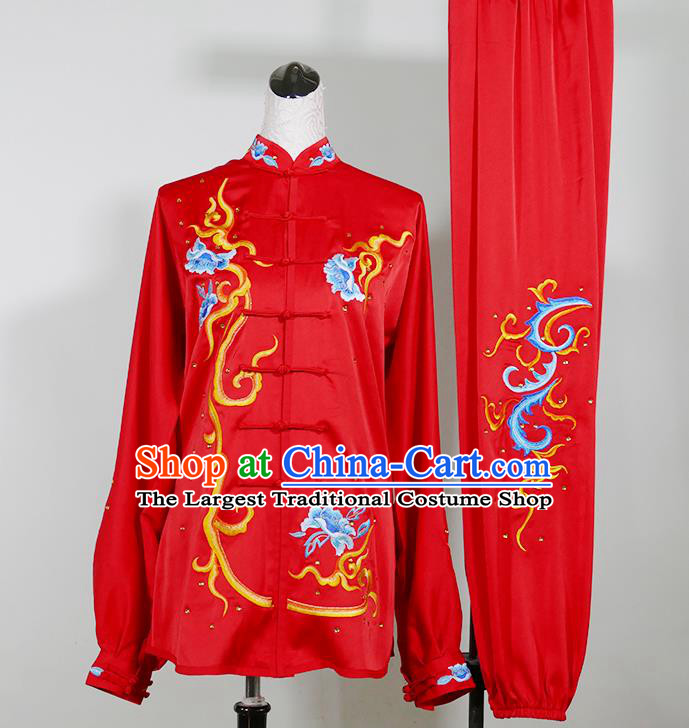 Top Chinese Kung Fu Performance Garment Costumes Tai Chi Training Embroidered Phoenix Red Uniforms Martial Arts Competition Clothing