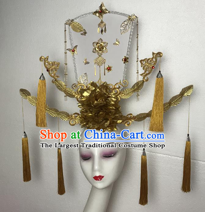 Chinese Traditional Court Fan Tassel Hair Clasp Catwalks Giant Fashion Headdress Handmade Cheongsam Stage Show Gold Flowers Hair Crown