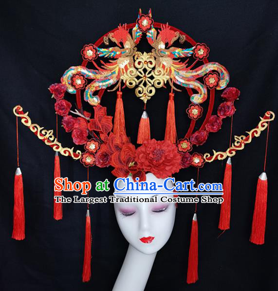 Chinese Handmade Cheongsam Stage Show Sequins Phoenix Hair Crown Traditional Court Red Flowers Tassel Hair Clasp Catwalks Giant Fashion Headpiece