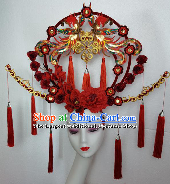 Chinese Handmade Cheongsam Stage Show Sequins Phoenix Hair Crown Traditional Court Red Flowers Tassel Hair Clasp Catwalks Giant Fashion Headpiece