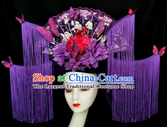 Chinese Cheongsam Catwalks Giant Fashion Headdress Handmade Stage Show Purple Tassel Hair Crown Traditional Court Lace Fan Hair Clasp