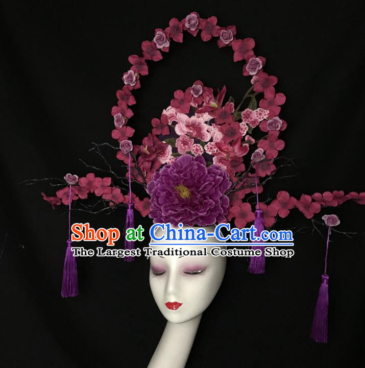 Chinese Traditional Court Purple Peony Hair Clasp Cheongsam Catwalks Giant Fashion Headdress Handmade Stage Show Tassel Hair Crown