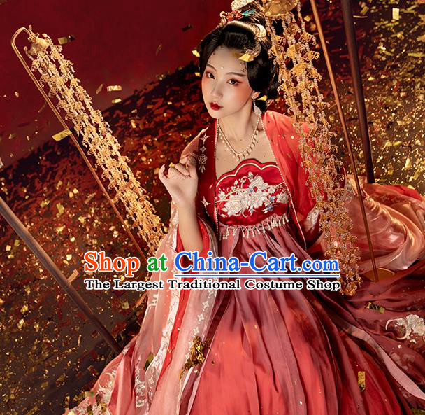 China Traditional Tang Dynasty Red Hanfu Dress Ancient Imperial Concubine Embroidered Historical Garments Clothing