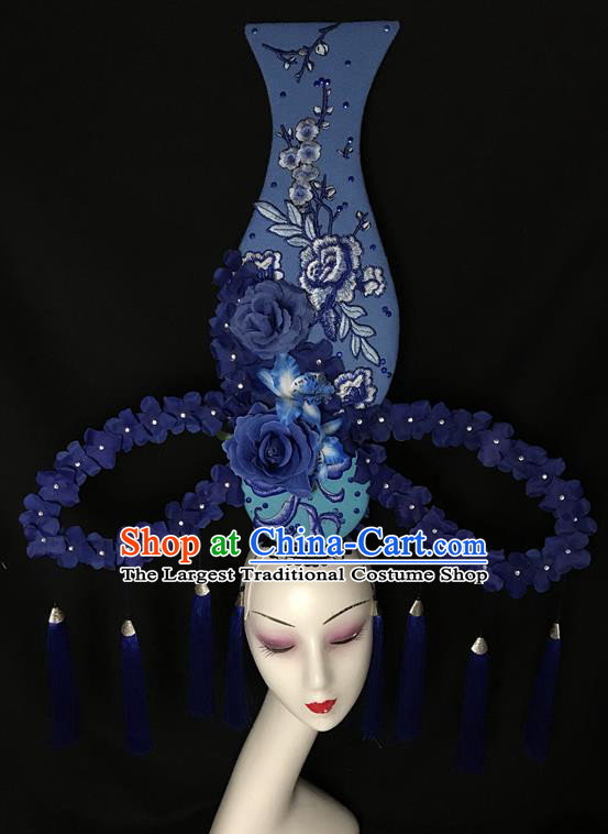 Chinese Catwalks Giant Fashion Headdress Handmade Cheongsam Stage Show Blue Flowers Vase Hair Crown Traditional Court Tassel Hair Clasp