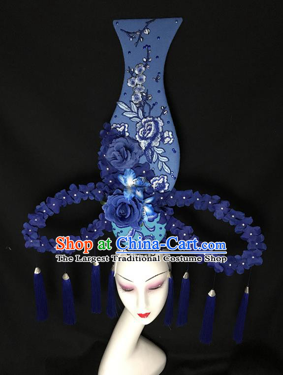 Chinese Catwalks Giant Fashion Headdress Handmade Cheongsam Stage Show Blue Flowers Vase Hair Crown Traditional Court Tassel Hair Clasp