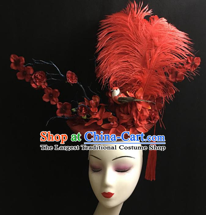 Top Halloween Cosplay Queen Hair Accessories Catwalks Red Feather Royal Crown Rio Carnival Top Hat Brazil Parade Headdress