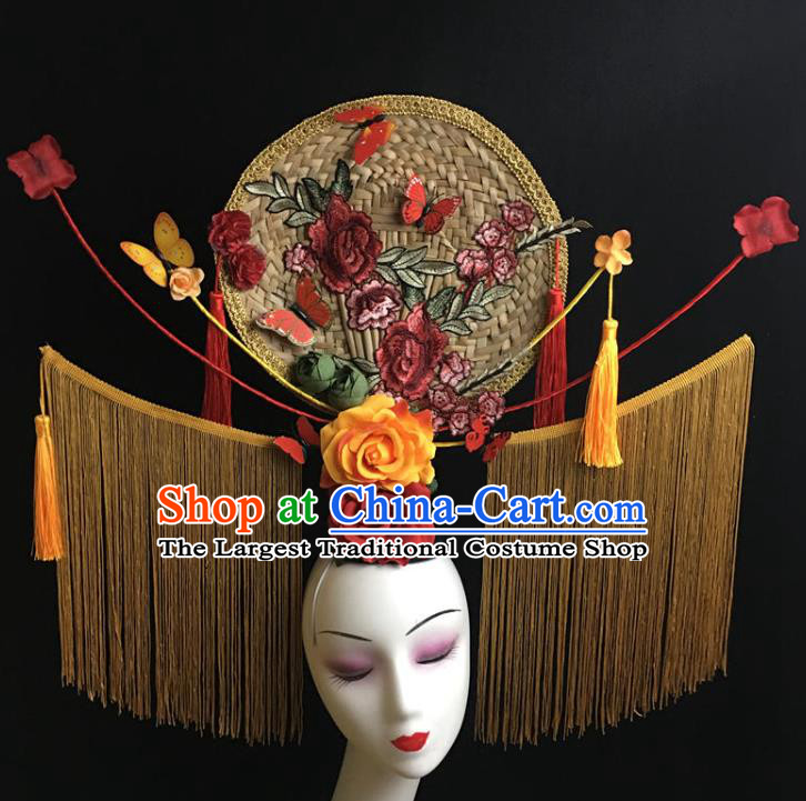 China Catwalks Deluxe Headdress Handmade Bride Fashion Headwear Qipao Show Rattan Fan Hair Crown Court Yellow Tassel Hair Clasp