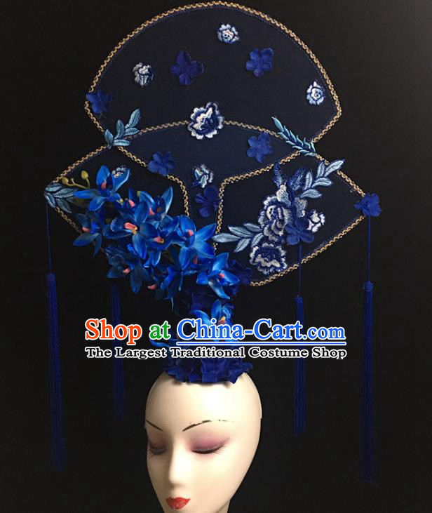 China Handmade Bride Fashion Tassel Headwear Qipao Show Blue Flowers Hair Crown Court Fan Hair Clasp Catwalks Deluxe Headdress