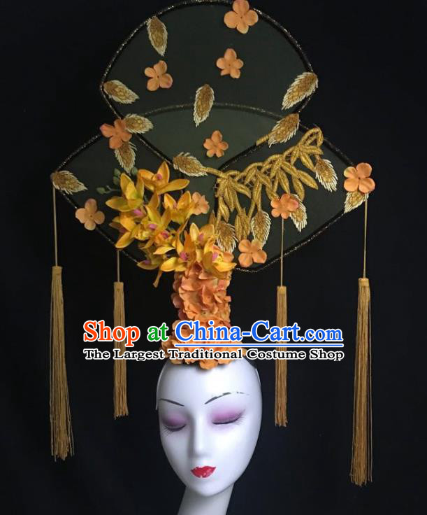 China Catwalks Deluxe Headdress Handmade Bride Fashion Tassel Headwear Qipao Show Yellow Flowers Hair Crown Court Fan Hair Clasp