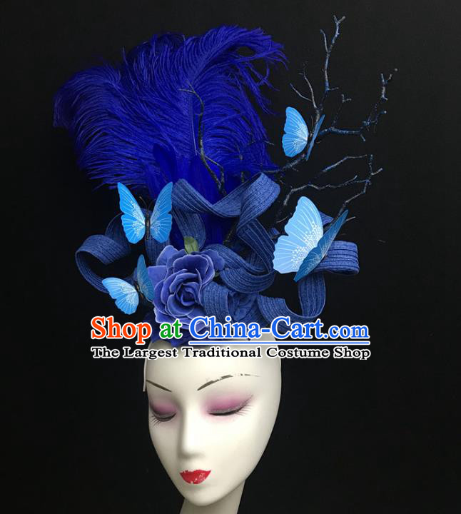 Top Catwalks Butterfly Royal Crown Rio Carnival Royalblue Feather Hair Clasp Brazil Parade Headdress Halloween Cosplay Princess Hair Accessories