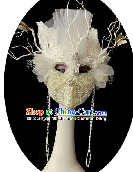 Handmade Halloween Cosplay Pearls Full Face Mask Christmas Costume Party Headpiece Brazil Carnival White Feather Mask
