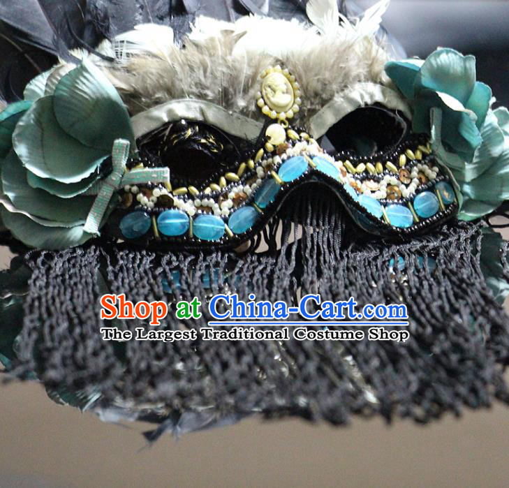 Handmade Brazil Carnival Feather Mask Halloween Cosplay Black Tassel Full Face Mask Christmas Costume Party Headpiece