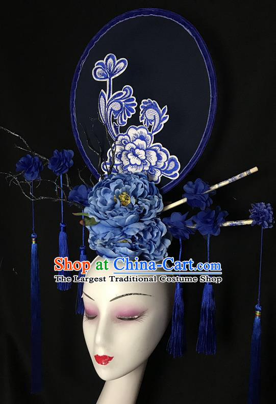 China Qipao Catwalks Bride Headdress Handmade Wedding Fashion Headwear Stage Show Tassel Hair Crown Court Blue Peony Hair Clasp