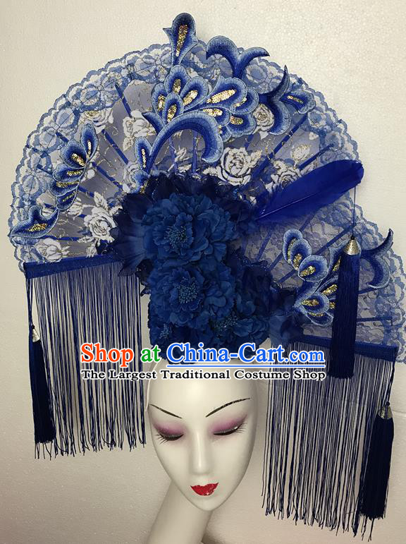 China Stage Show Tassel Hair Crown Court Lace Fan Hair Clasp Qipao Catwalks Bride Headdress Handmade Wedding Fashion Headwear