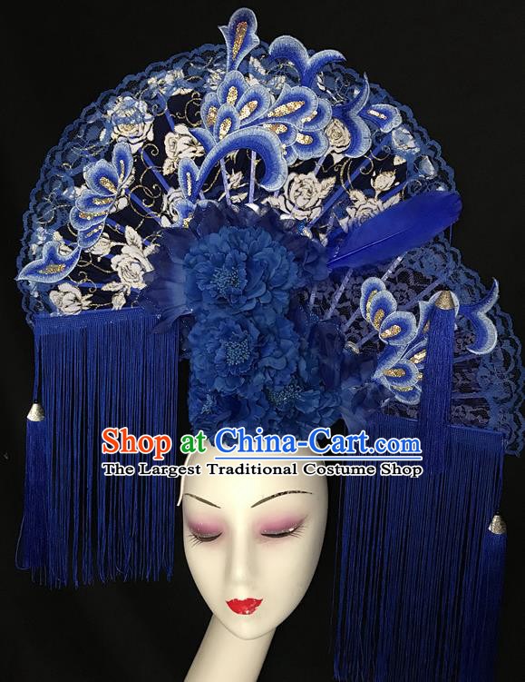 China Stage Show Tassel Hair Crown Court Lace Fan Hair Clasp Qipao Catwalks Bride Headdress Handmade Wedding Fashion Headwear