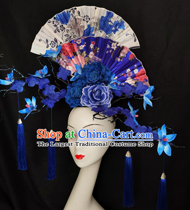 China Handmade Wedding Fashion Headwear Stage Show Blue Flowers Hair Crown Court Fan Hair Clasp Qipao Catwalks Bride Headdress