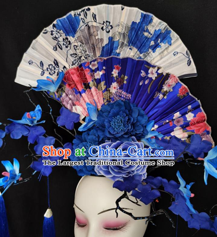 China Handmade Wedding Fashion Headwear Stage Show Blue Flowers Hair Crown Court Fan Hair Clasp Qipao Catwalks Bride Headdress