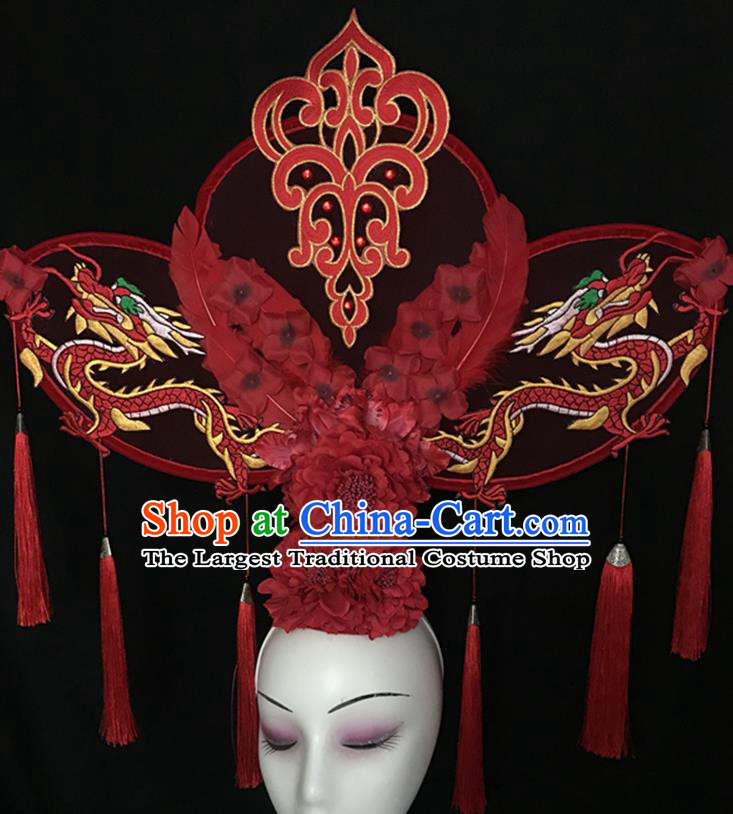 China Qipao Catwalks Bride Headdress Handmade Wedding Fashion Headwear Stage Show Red Peony Hair Crown Court Dragon Hair Clasp