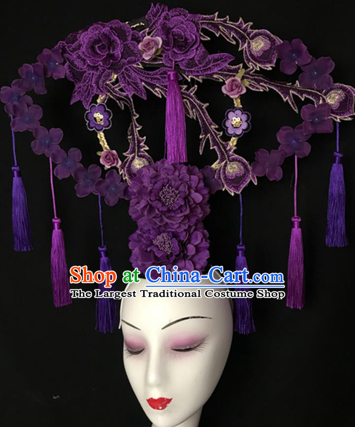 China Stage Show Purple Peony Hair Crown Court Fan Tassel Hair Clasp Qipao Catwalks Bride Headdress Handmade Wedding Fashion Headwear