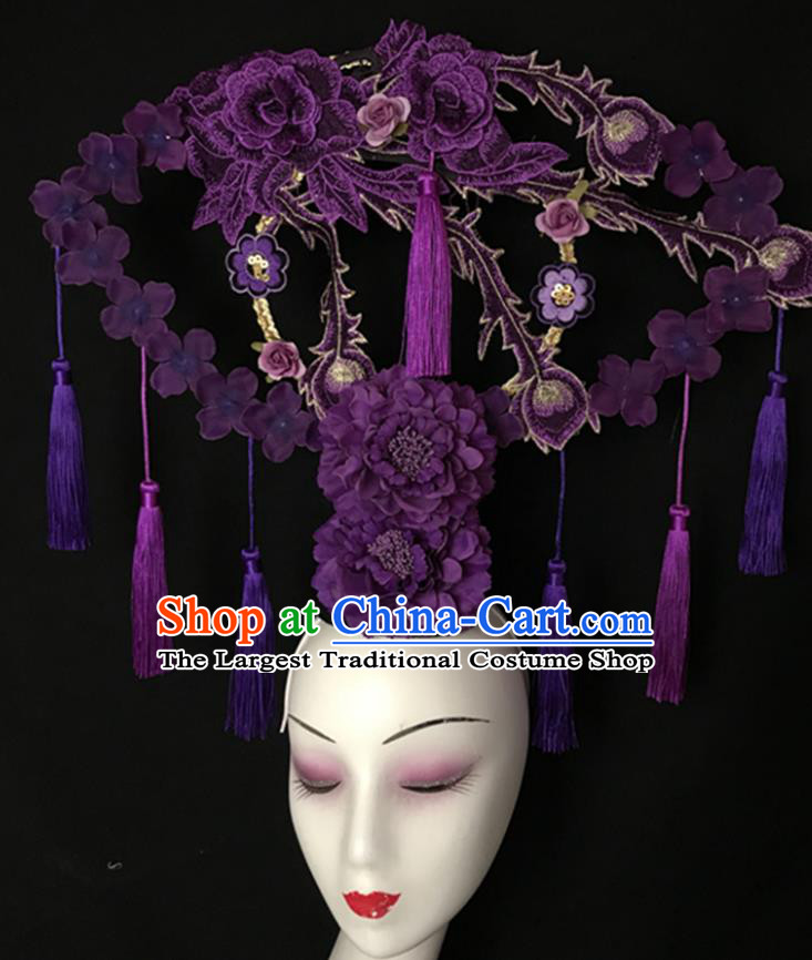 China Stage Show Purple Peony Hair Crown Court Fan Tassel Hair Clasp Qipao Catwalks Bride Headdress Handmade Wedding Fashion Headwear