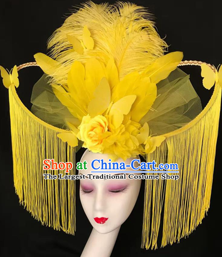 Top Halloween Catwalks Tassel Royal Crown Rio Carnival Yellow Feather Headdress Baroque Hair Clasp Cosplay Fairy Hair Accessories