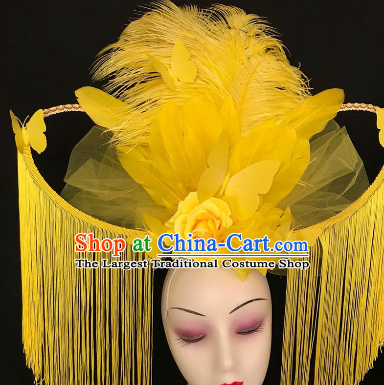 Top Halloween Catwalks Tassel Royal Crown Rio Carnival Yellow Feather Headdress Baroque Hair Clasp Cosplay Fairy Hair Accessories