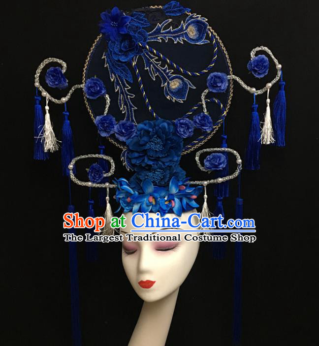 China Qipao Catwalks Fashion Headdress Handmade Wedding Headwear Stage Show Embroidered Royalblue Hair Crown Court Fan Tassel Hair Clasp