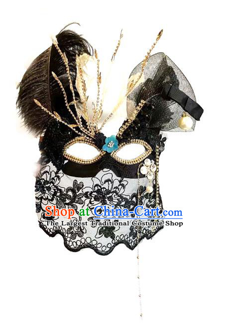 Handmade Brazil Carnival Black Veil Mask Halloween Cosplay Feather Face Mask Costume Party Gothic Blinder Headpiece