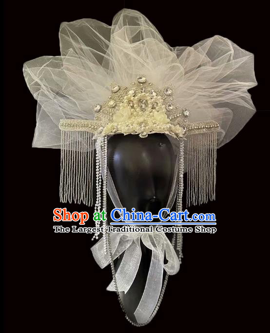 Top Baroque Queen Pearls Hat Cosplay Hair Accessories Halloween Catwalks White Veil Royal Crown Carnival Parade Headdress