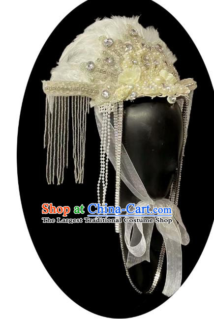 Top Carnival Parade Headdress Baroque Queen Pearls Hat Cosplay Hair Accessories Halloween Catwalks White Feather Royal Crown