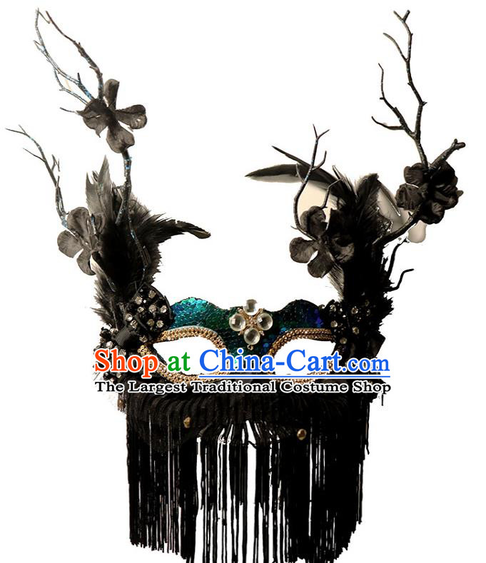 Handmade Costume Party Blinder Gothic Black Feather Headpiece Brazil Carnival Tassel Mask Halloween Cosplay Full Face Mask