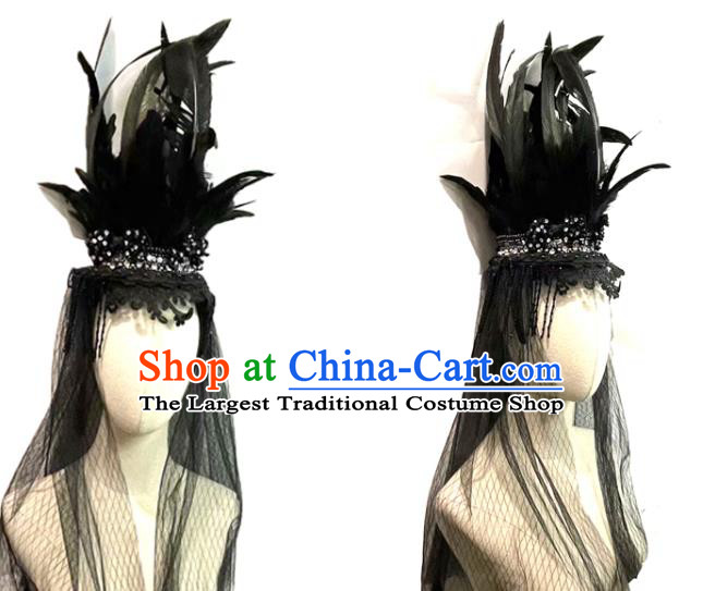 Top Cosplay Queen Hair Accessories Halloween Catwalks Royal Crown Carnival Parade Headdress Gothic Black Feather Hair Clasp
