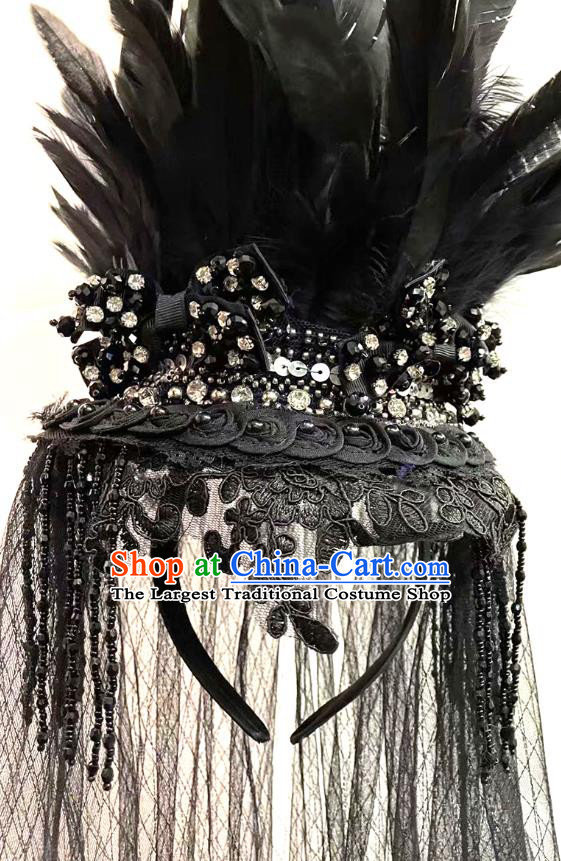 Top Cosplay Queen Hair Accessories Halloween Catwalks Royal Crown Carnival Parade Headdress Gothic Black Feather Hair Clasp