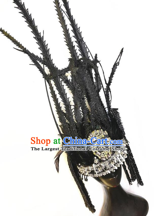 Top Gothic Black Feather Hair Clasp Cosplay Queen Hair Accessories Halloween Catwalks Royal Crown Carnival Parade Headdress